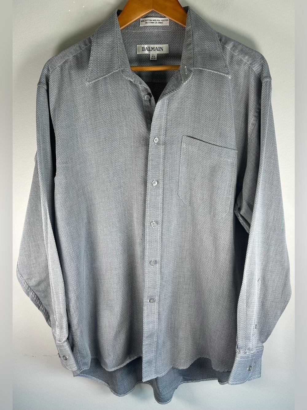 Balmain Mens Button Up Shirt Sz L 16.5 34/35 Gray Tweed Soft Cotton Blend Pocket